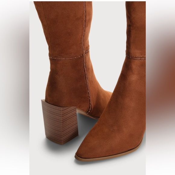 Lulus Delaynie Tan Suede Pointed-Toe Knee High Boots - Picture 4 of 5